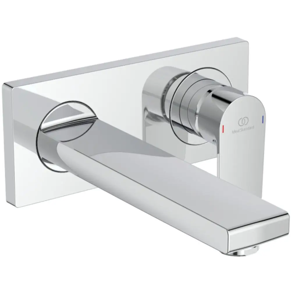 Waschtischarmatur in Chrom von Ideal Standard mit einem rechteckigen Körper und einem langen, flachen Auslauf. Bedienung über einen einzelnen Hebel mit Temperaturanzeige.